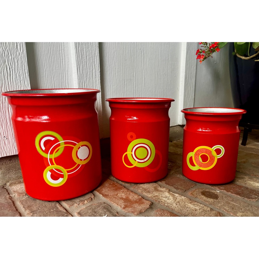 Vintage Kromex Metal Red Canisters w/ Bubble Pattern MCM Set of 3 No Lids 1960s